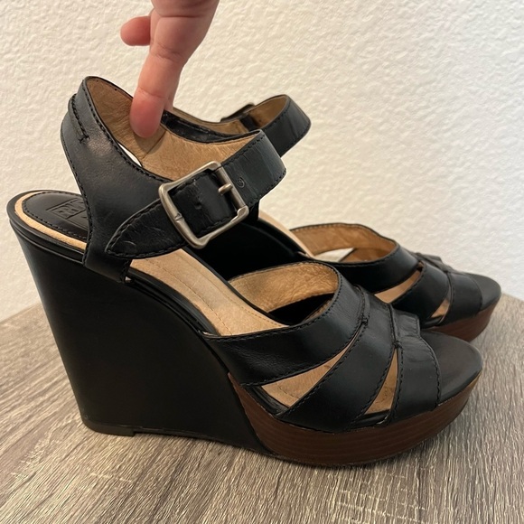 Frye Alexa Seam 2 Piece Black Brown Leather Platform Wedge Sandal Heels- Size 9 - Picture 9 of 16